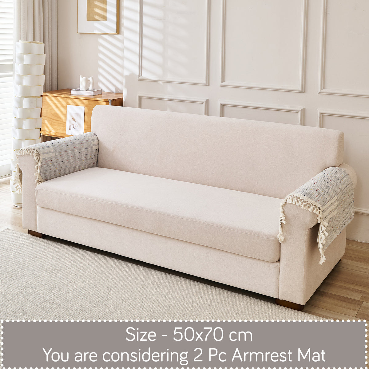 DreamWave Chenille with Tassels Sofa Cover Mat, Pearl Grey