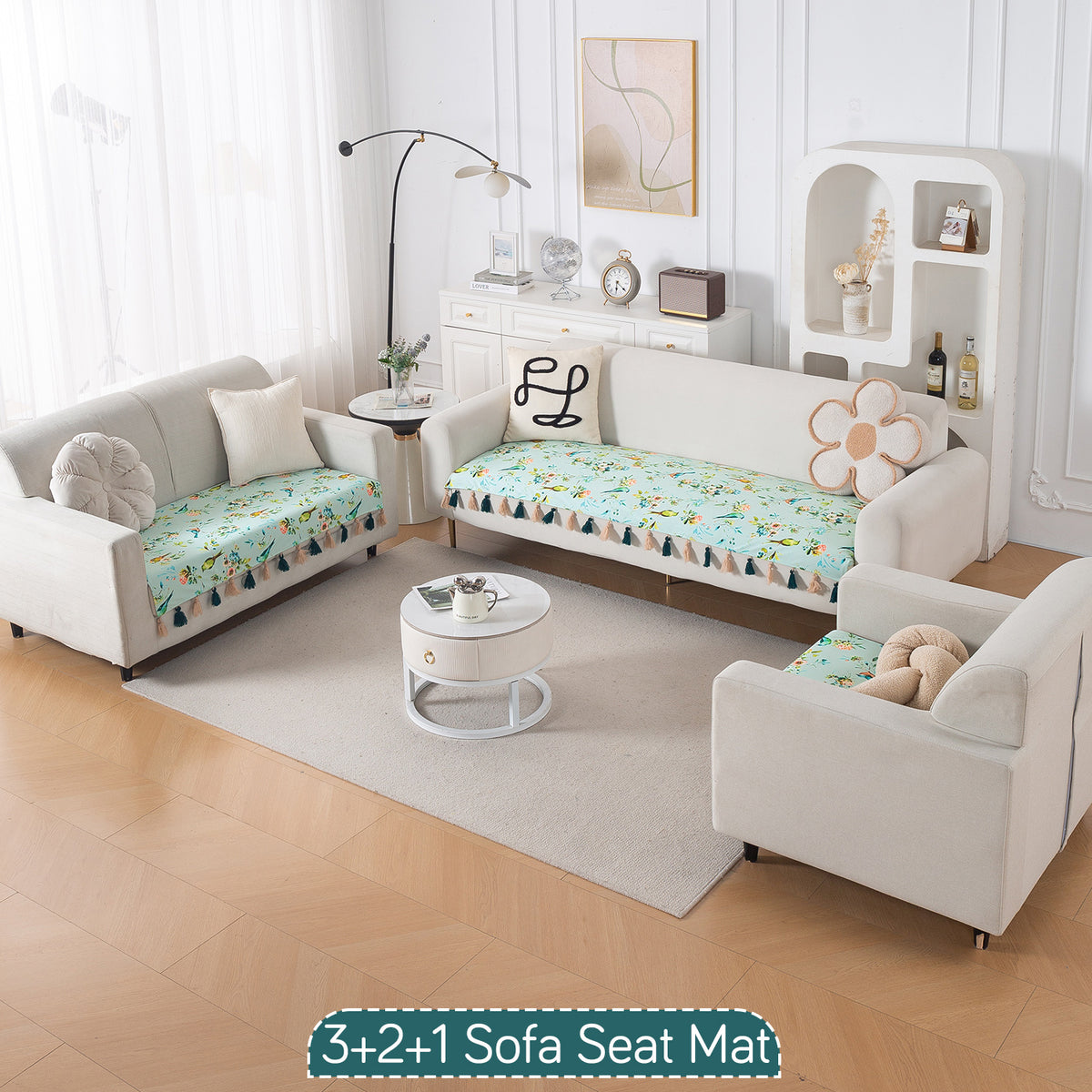'Whispers of Nature' Series Holland Velvet Sofa Seat Mat with Tassel, Mint Birdsong Blossom