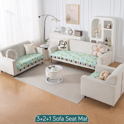 'Whispers of Nature' Series Holland Velvet Sofa Seat Mat with Tassel, Mint Birdsong Blossom