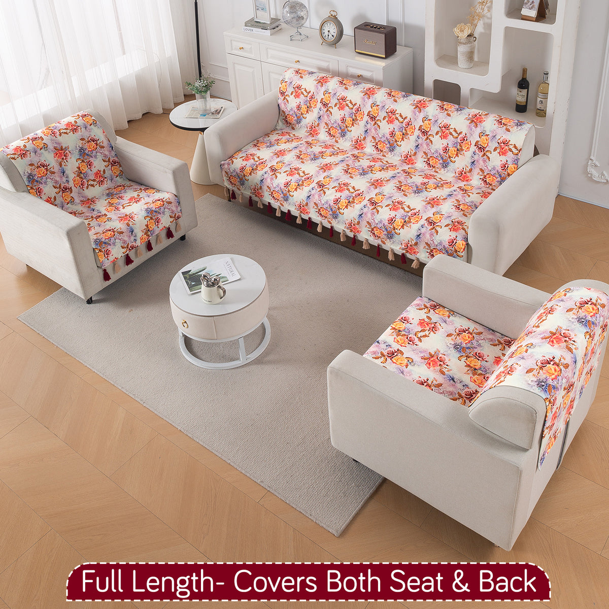 'Whispers of Nature' Series Holland Velvet Sofa Cover with Tassel, Vintage Rose Bloom