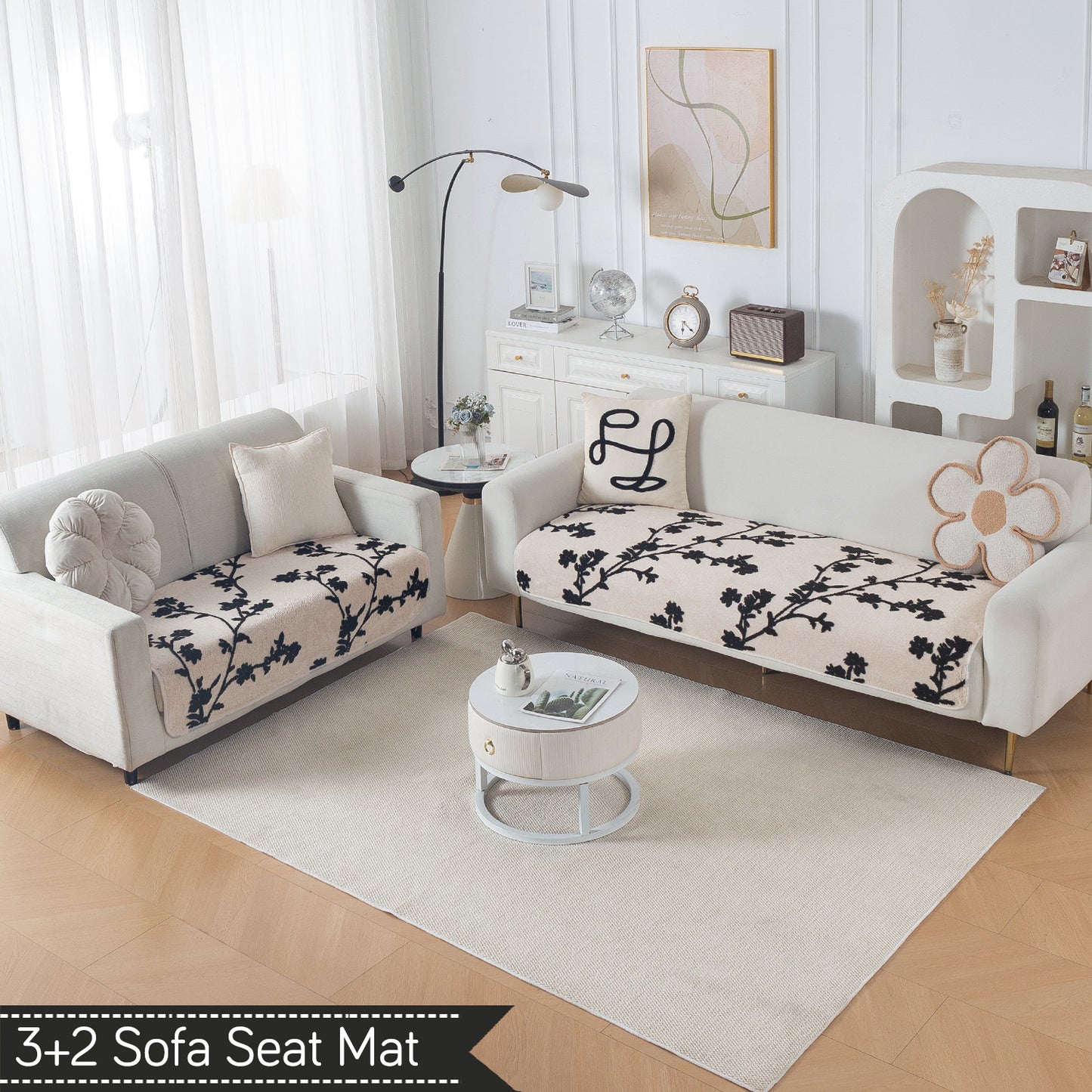 Luxury Plush Sherpa Anti Slip L Shape & Combination Sofa Mat, 'Noirea Series'|Botanical Vine