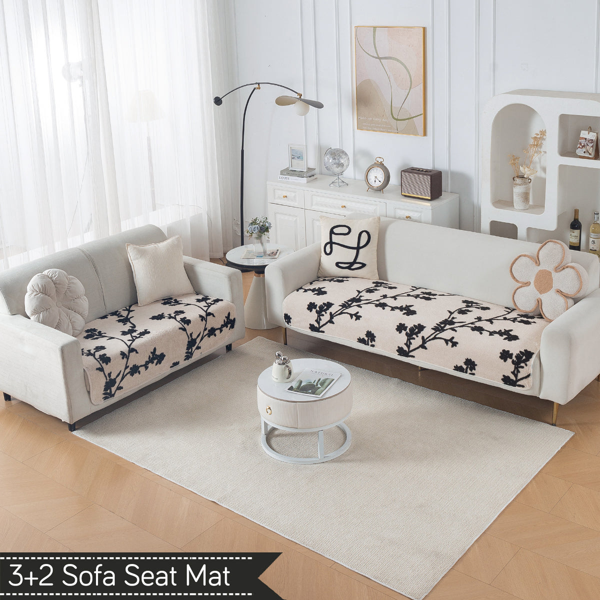 Luxury Plush Sherpa Anti Slip Combination Sofa Mat, 'Noirea Series'|Botanical Vine