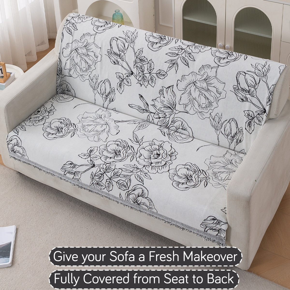 Premium 320 GSM Chenille Sofa Cover 'Serene Abode Series', White Rose Garden