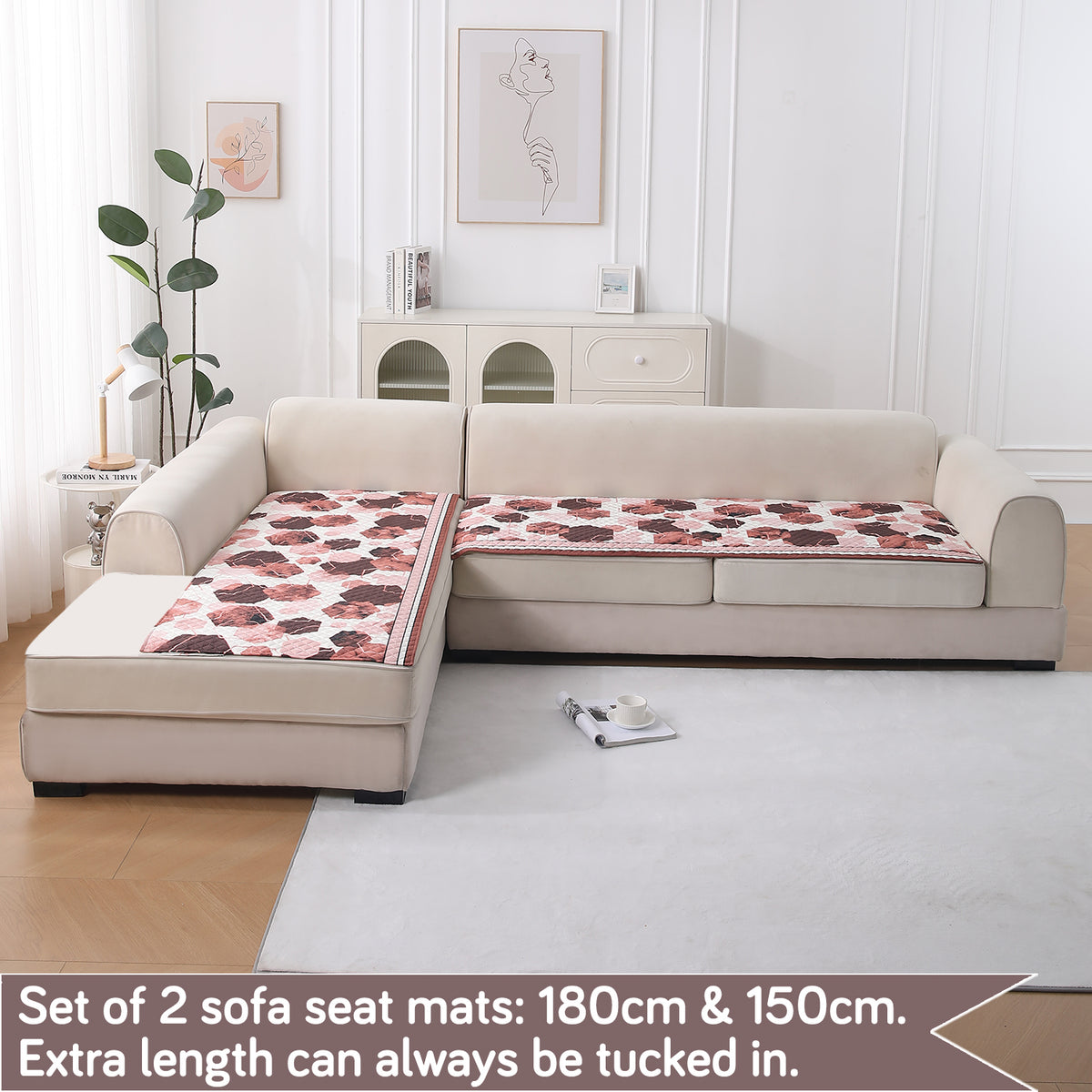 LiefNest Printed Holland Velvet L Shape Sofa Seat Mat with Foam Filling - Geometric Hexagon Cider Red
