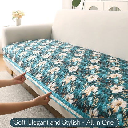 Florentina Series Printed Holland Velvet Sofa Mat - Pansies Teal