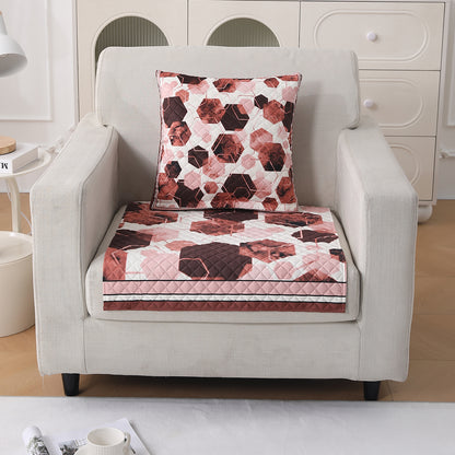 LiefNest Printed Holland Velvet Sofa Mat with Foam Filling - Geometric Hexagon Cider Red for 1/2/3 Seater & Armrest