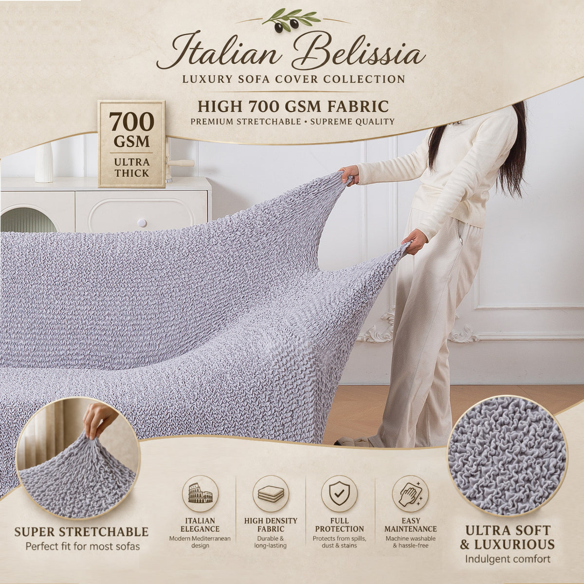 Italian Belissia Luxe Series' Super Stretchable Microfiber 1/2/3 Seater Sofa Cover, Ice Grey