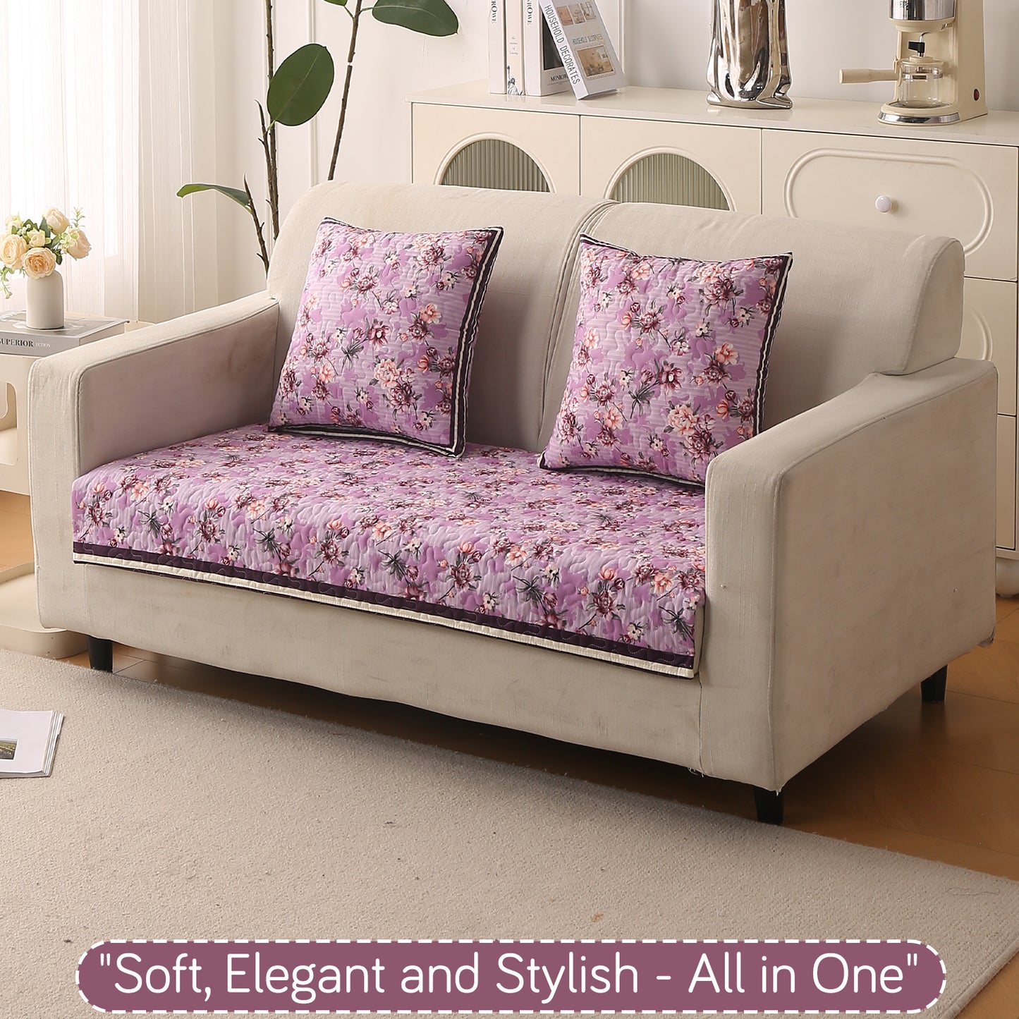 Florentina Series Printed Holland Velvet Sofa Mat - Peony Lavender