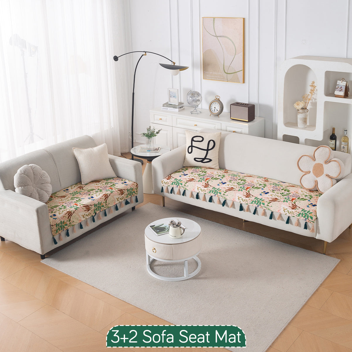 'Whispers of Nature' Series Holland Velvet Sofa Seat Mat with Tassel, Beige Woodland Bloom