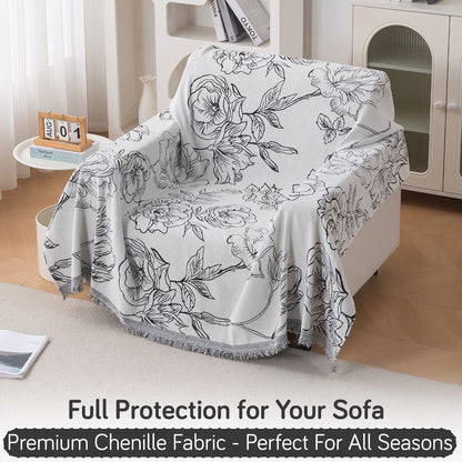 Premium 320 GSM Chenille Sofa Cover Throw All Season 'Serene Abode Series', White Rose Garden