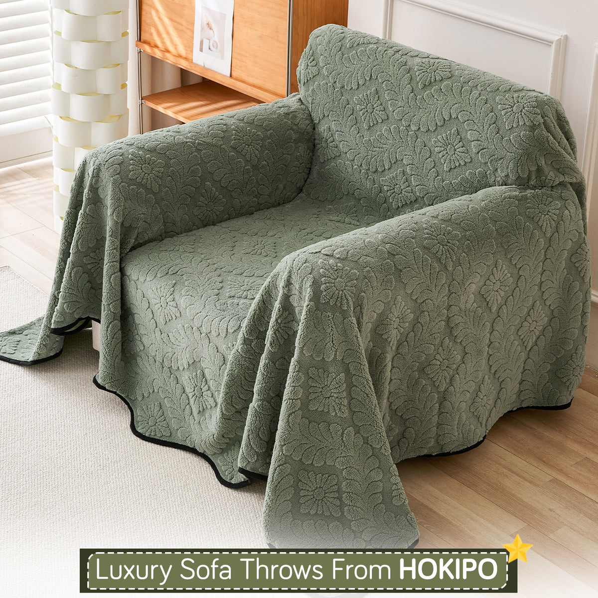 Buy Sage Green Colour Wavy Petal Crest Series Plush Sofa Throw | HOKIPO