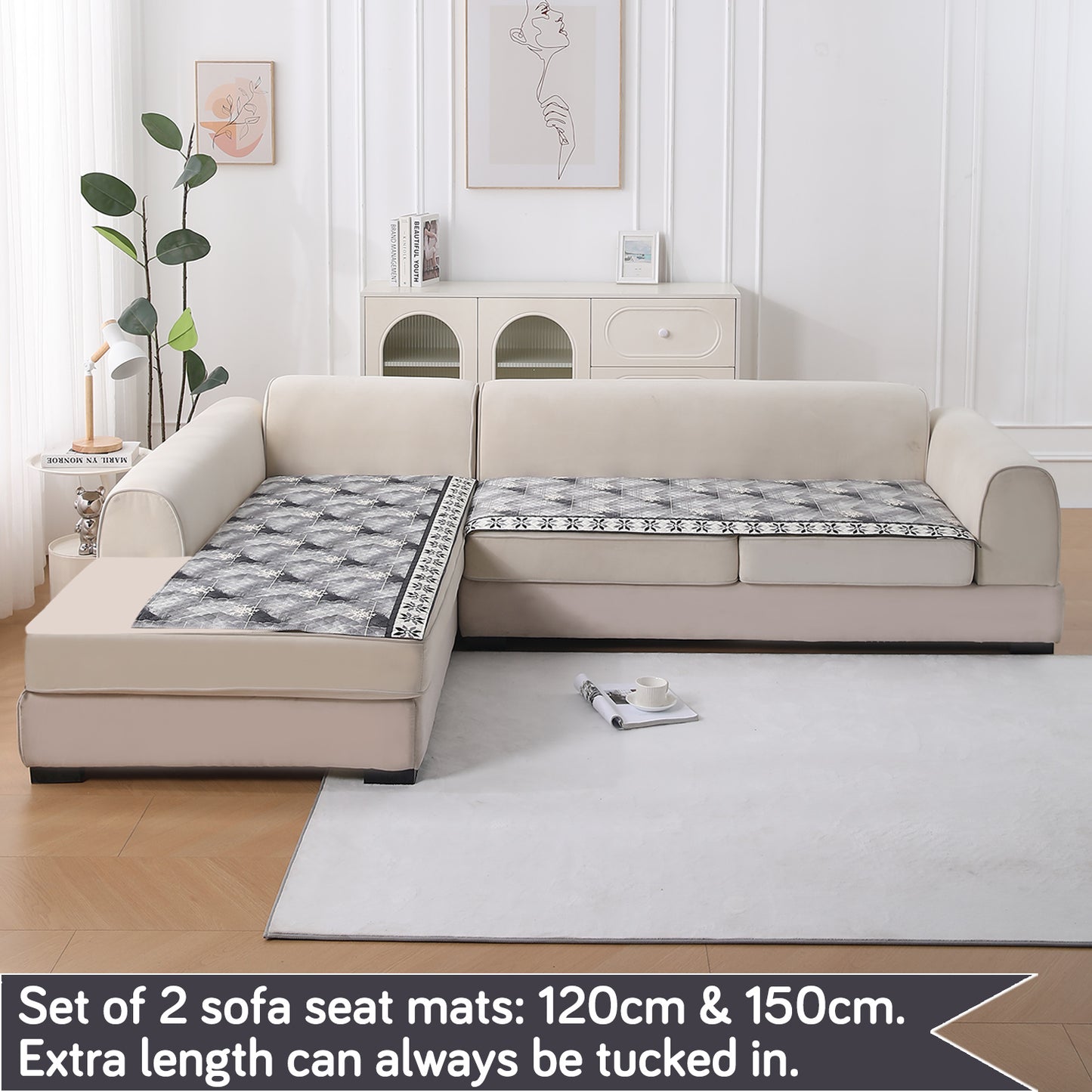 LiefNest Printed Holland Velvet L Shape Sofa Seat Mat with Foam Filling - Snowflakes Gradient Grey