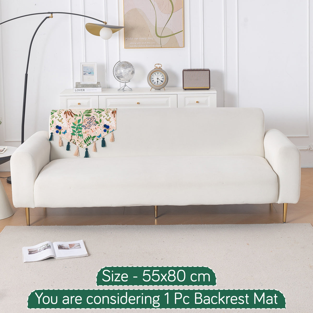 'Whispers of Nature' Series Holland Velvet Sofa Mat with Tassel, Beige Woodland Bloom