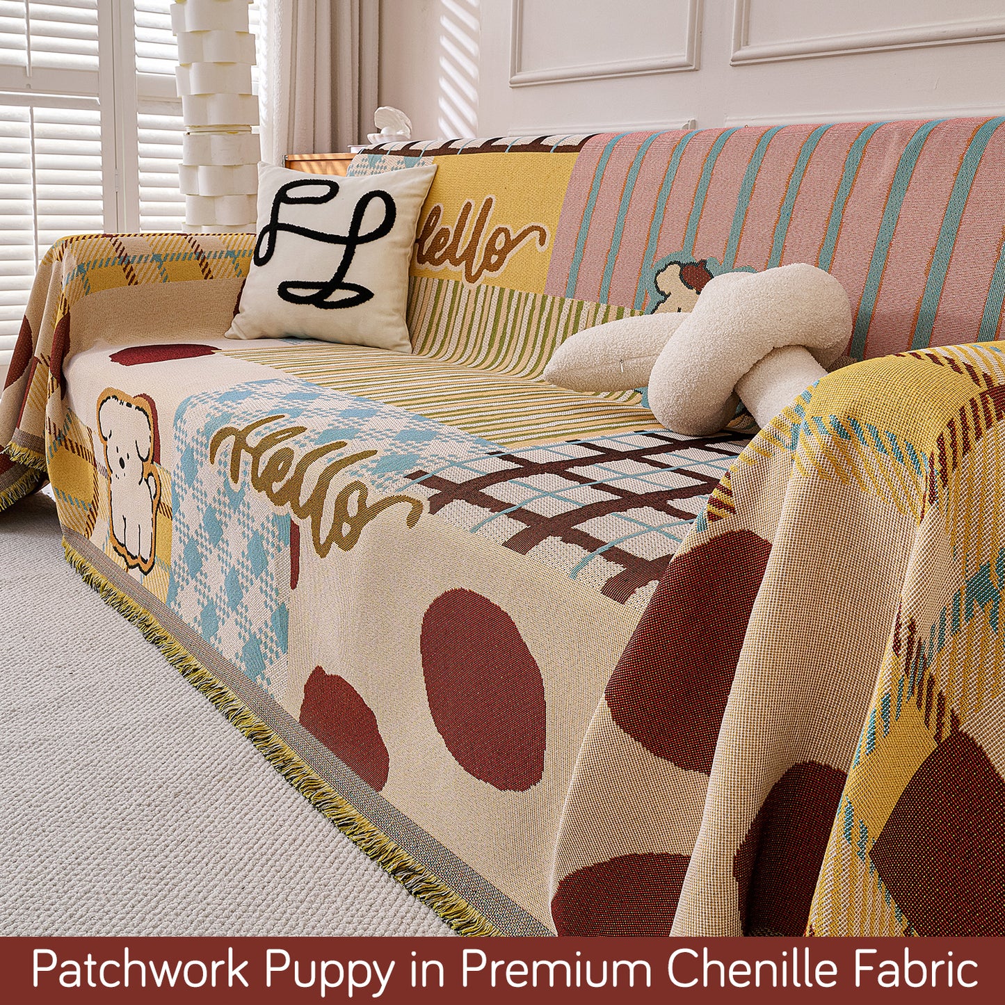 All-Season Chenille Sofa Throw, Patchwork Puppy Series