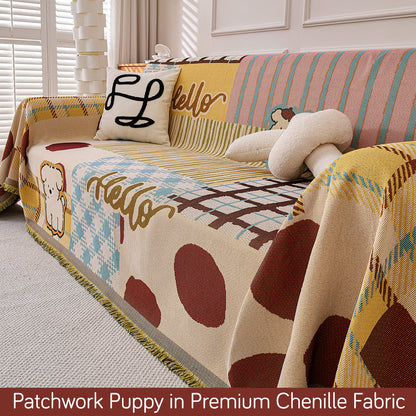 All-Season Chenille Sofa Throw, Patchwork Puppy Series