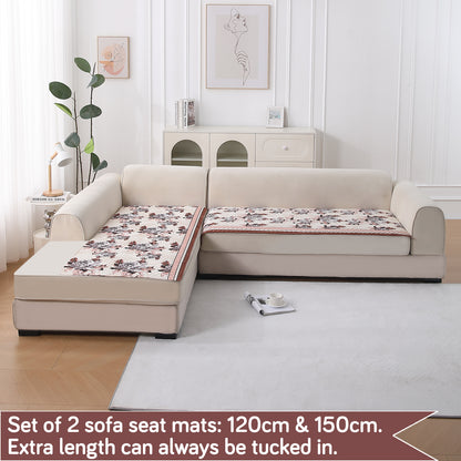 LiefNest Printed Holland Velvet L Shape Sofa Seat Mat with Foam Filling - Chrysanthemum Bloom Soft Beige