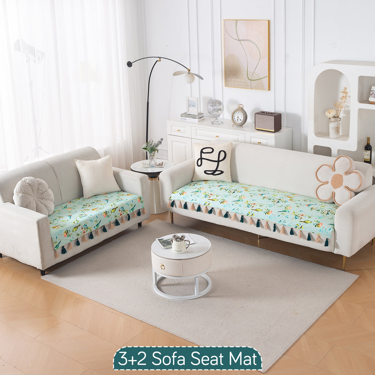 'Whispers of Nature' Series Holland Velvet Sofa Seat Mat with Tassel, Mint Birdsong Blossom
