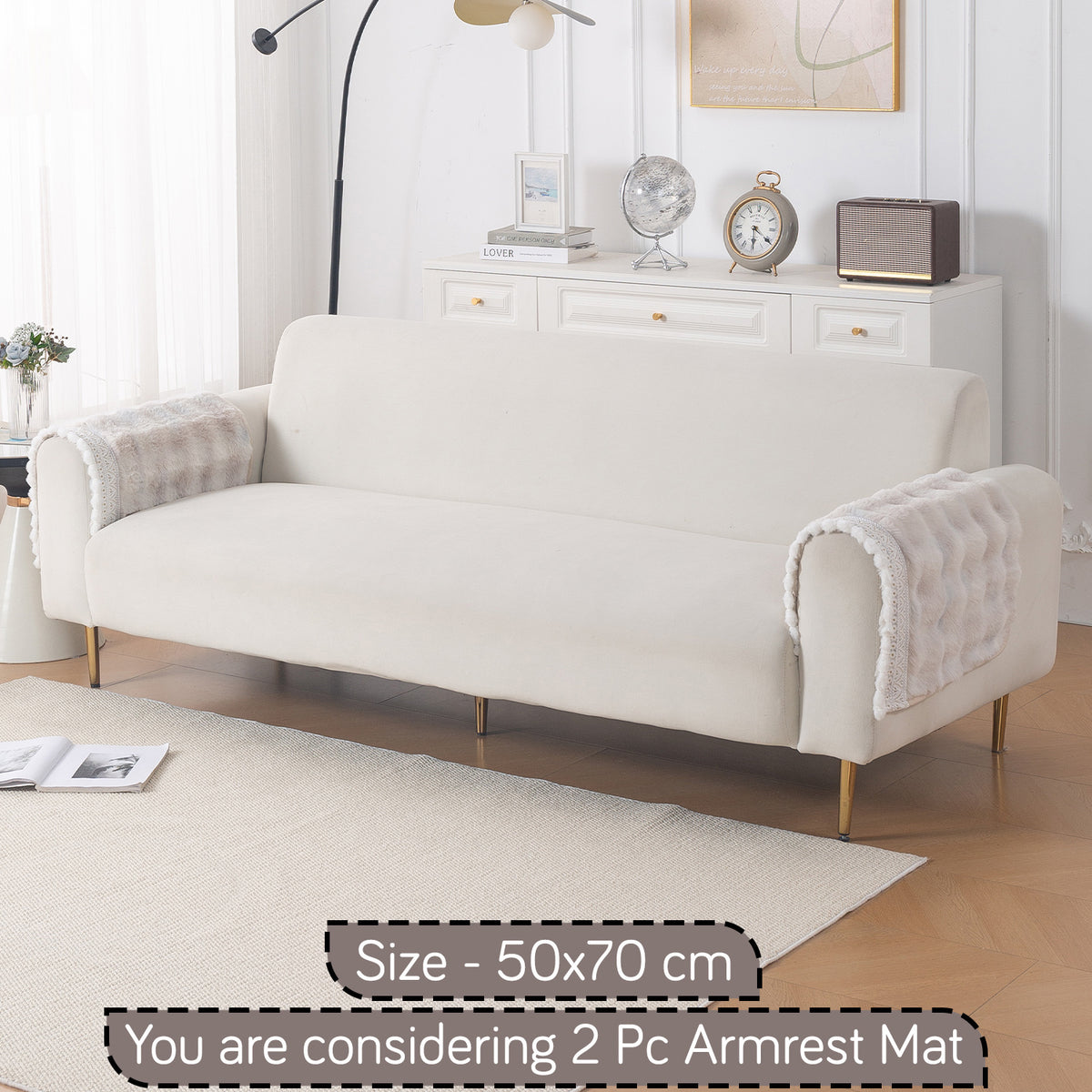 Faux Rabbit Fur Sofa Cover with Lace |Gradient Rabbit Plush, Cream