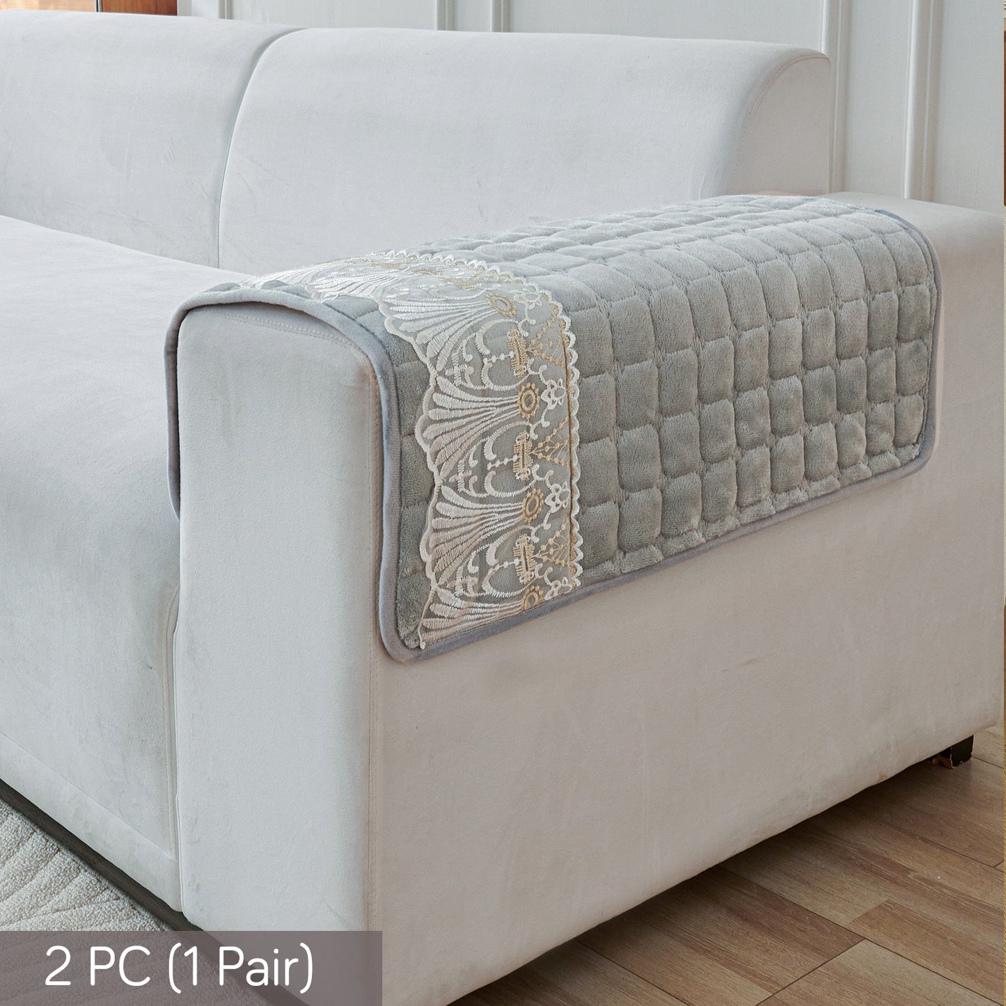 BelleLace Series Imperial Milk Velvet Sofa Cover Mat with Lace Design - Cloud Grey