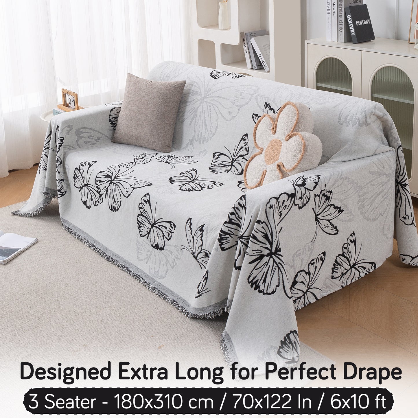 Premium 320 GSM Chenille Sofa Cover Throw All Season 'Serene Abode Series', Monochrome Butterfly
