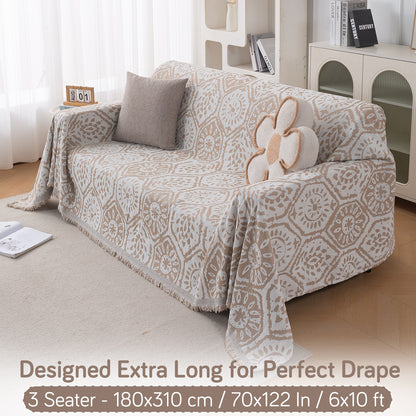 Premium 320 GSM Chenille Sofa Cover Throw All Season 'Serene Abode Series', Boho Floral Tile