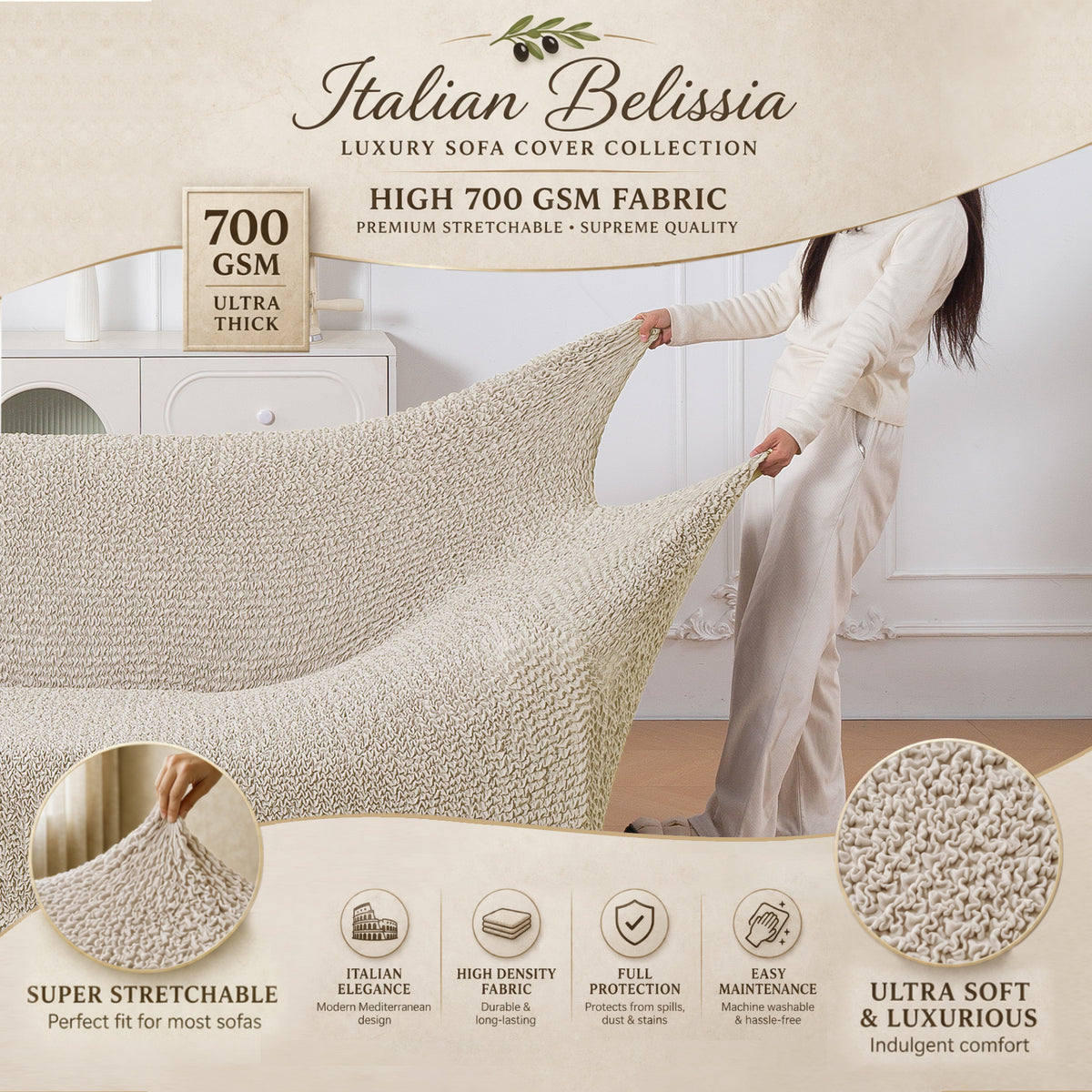 Italian Belissia Luxe Series' Super Stretchable Microfiber 1/2/3 Seater Sofa Cover, Snow Cream