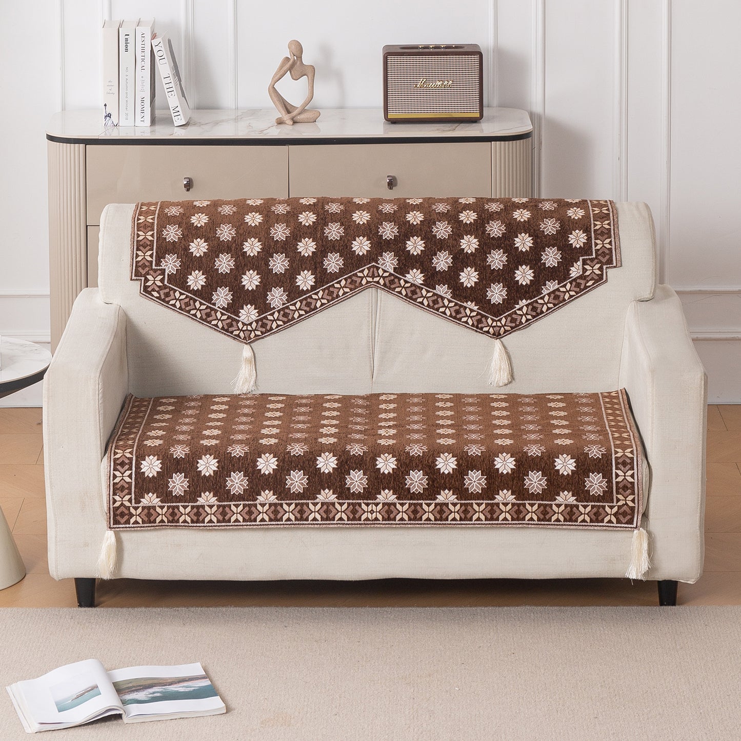 Heritage Weave Premium Jacquard Sofa Cover Set with Tassels - Russet Brown