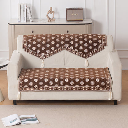 Heritage Weave Premium Jacquard Sofa Cover Set with Tassels - Russet Brown