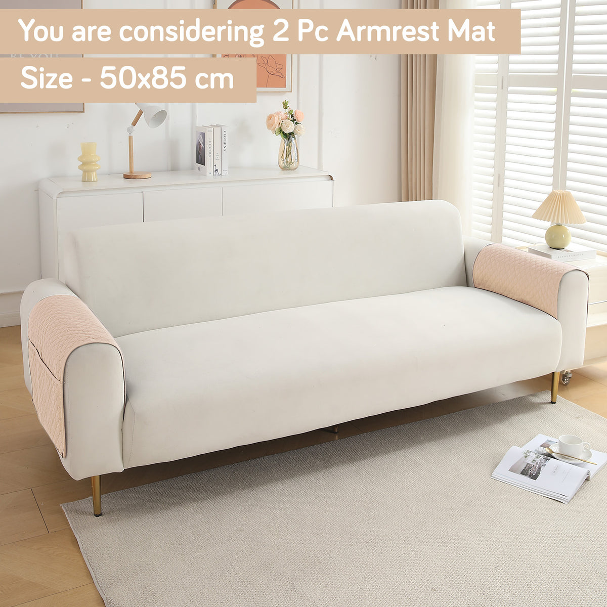 2 Pcs Quilted Sofa Armrest Cover, Beige