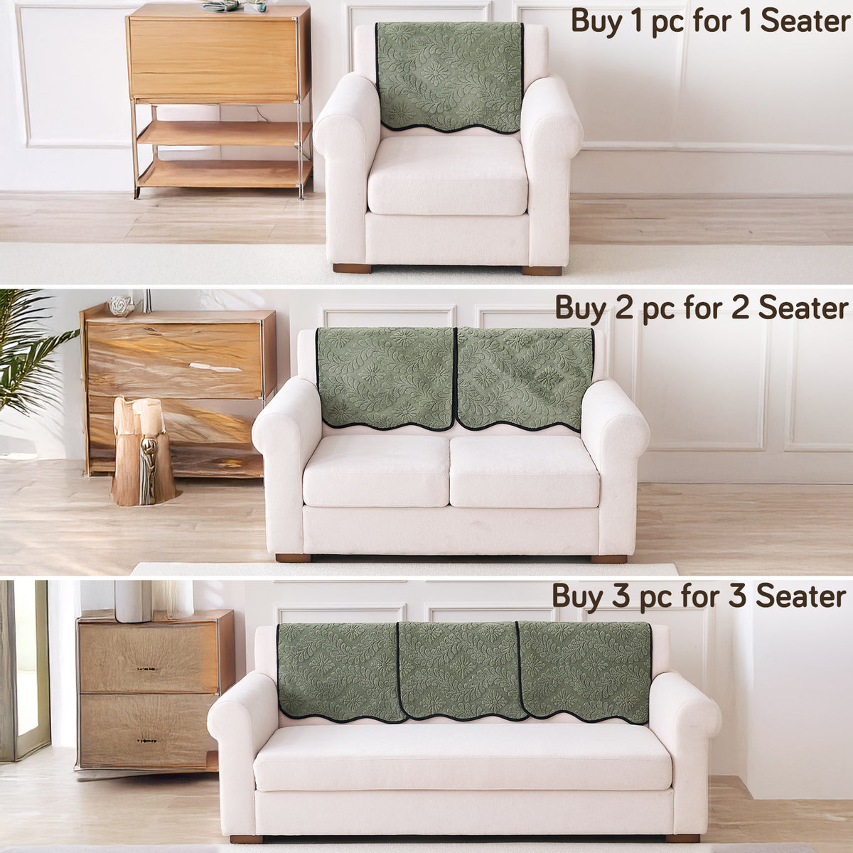 Embossed Floral Jacquard Anti-Slip Sofa Cover Mat, 'Wavy Petal Crest Series' Sage Green