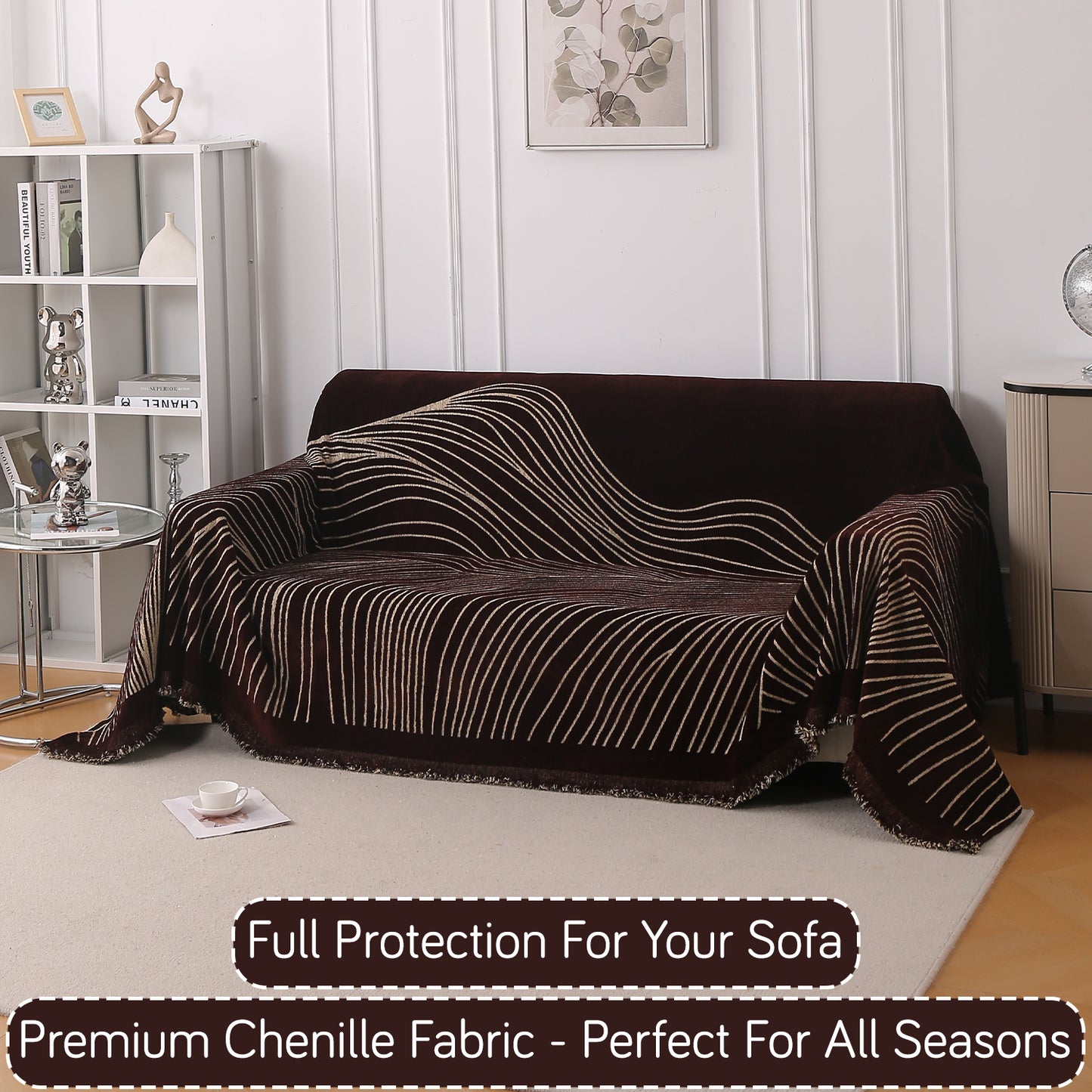 WaveLoom Collection Printed Chenille Sofa Cover Throw Blanket, Dark Coffee
