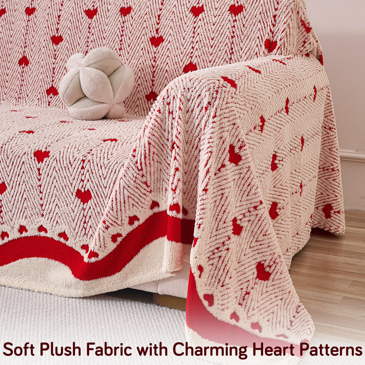 Buy Cherry Cream Colour Cozy Heart Series Luxury Plush Sofa Throw | HOKIPO