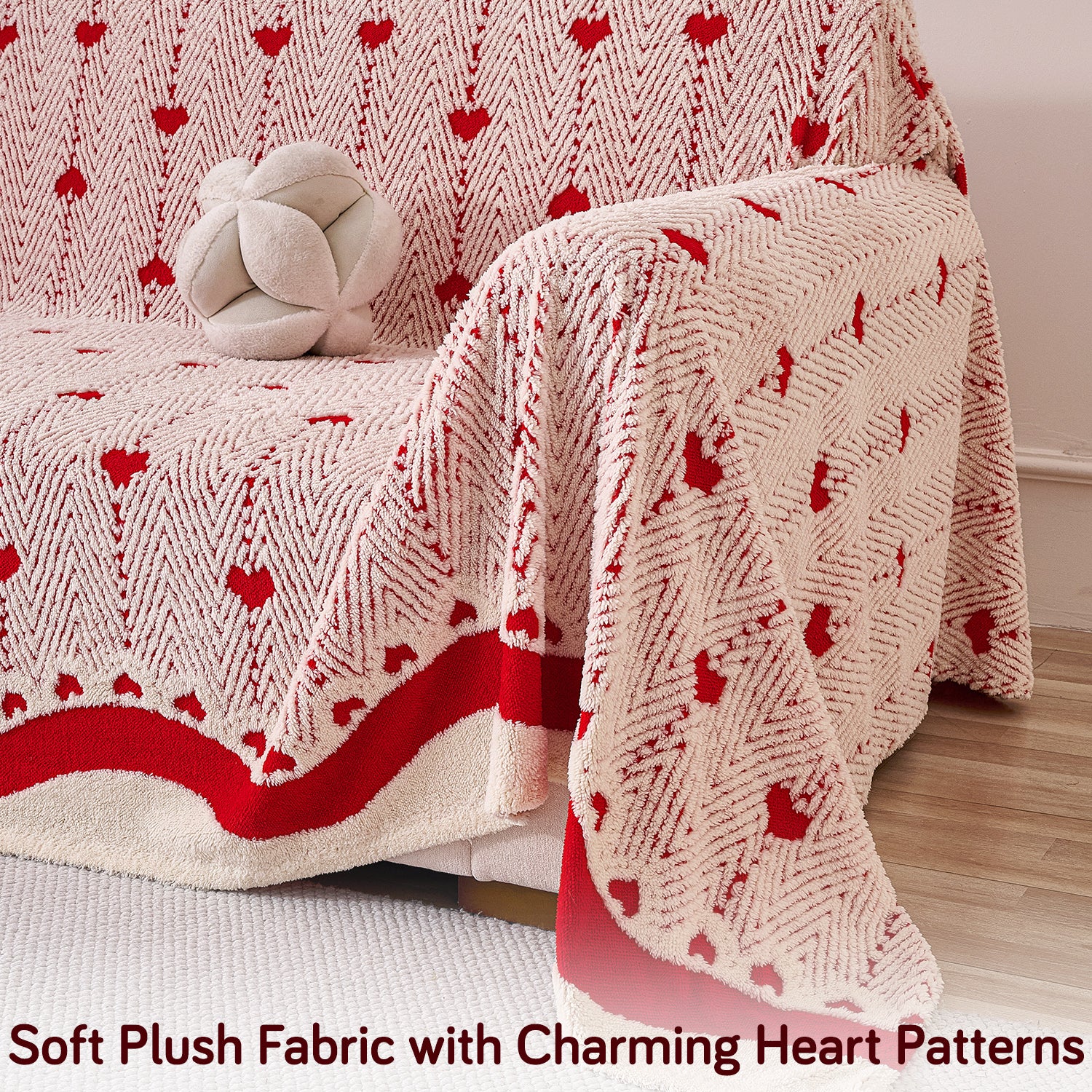 Buy Cherry Cream Colour Cozy Heart Series Luxury Plush Sofa Throw | HOKIPO