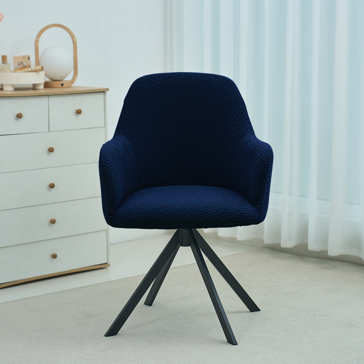 Premium Jacquard Fully Covered Cover for Swivel Dining Chair with Arms, Navy Blue