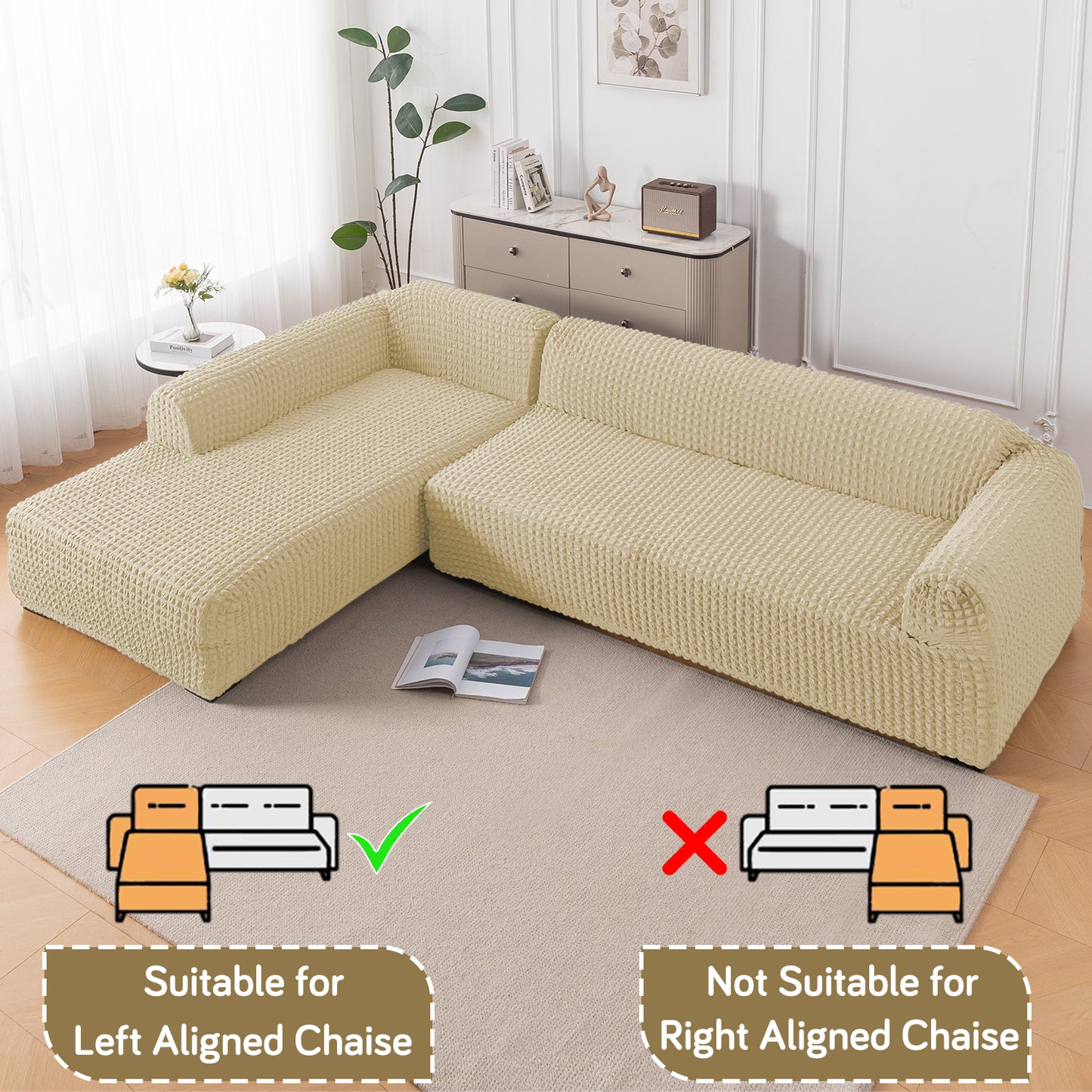 Aria Nova 280 GSM Bubble 2-Piece Stretchable L Shape Sofa Cover with Left Chaise, Beige