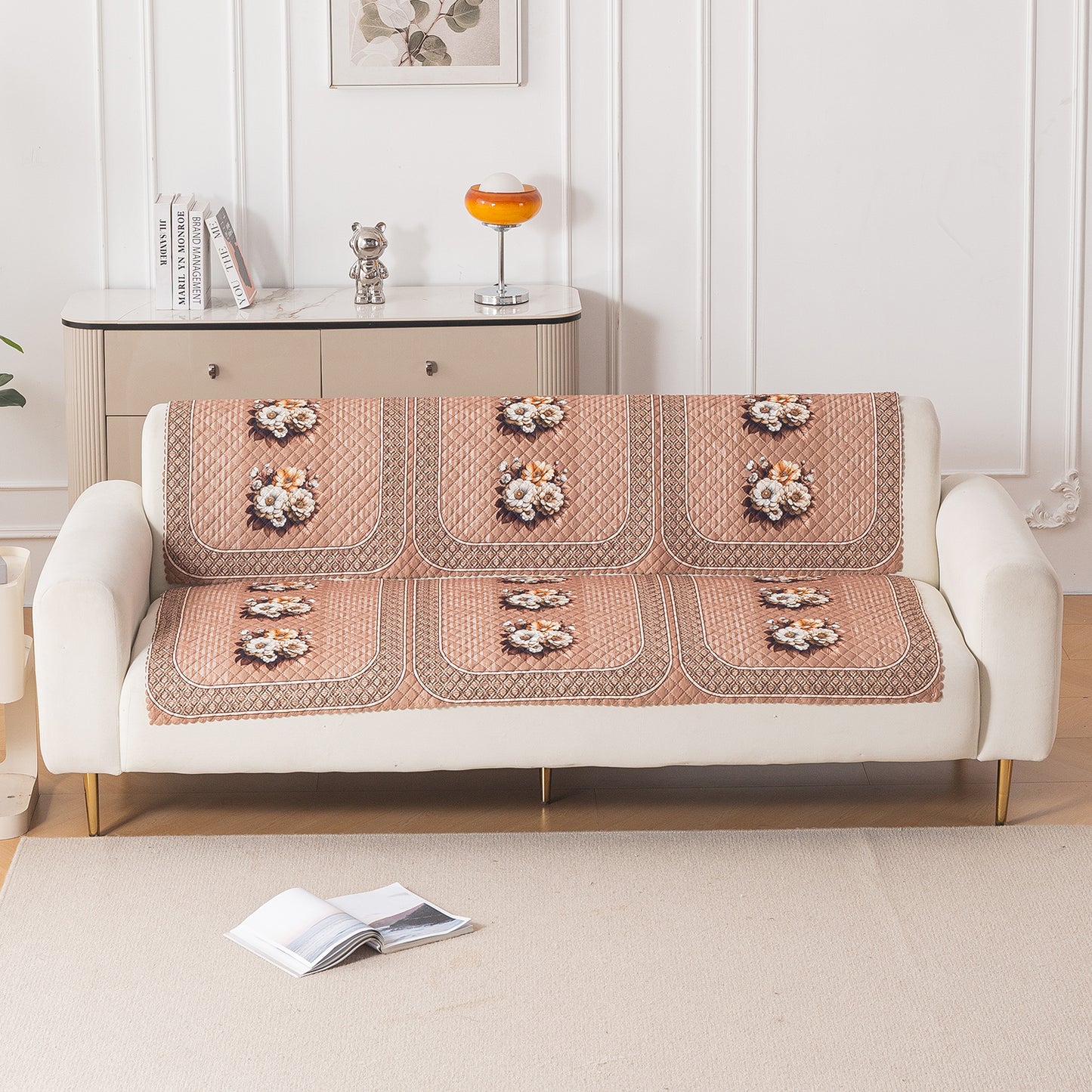 LoomVerse Quilted Sofa Cover Set Washable Sofa Panel for Seat & Back - Vintage Rosette