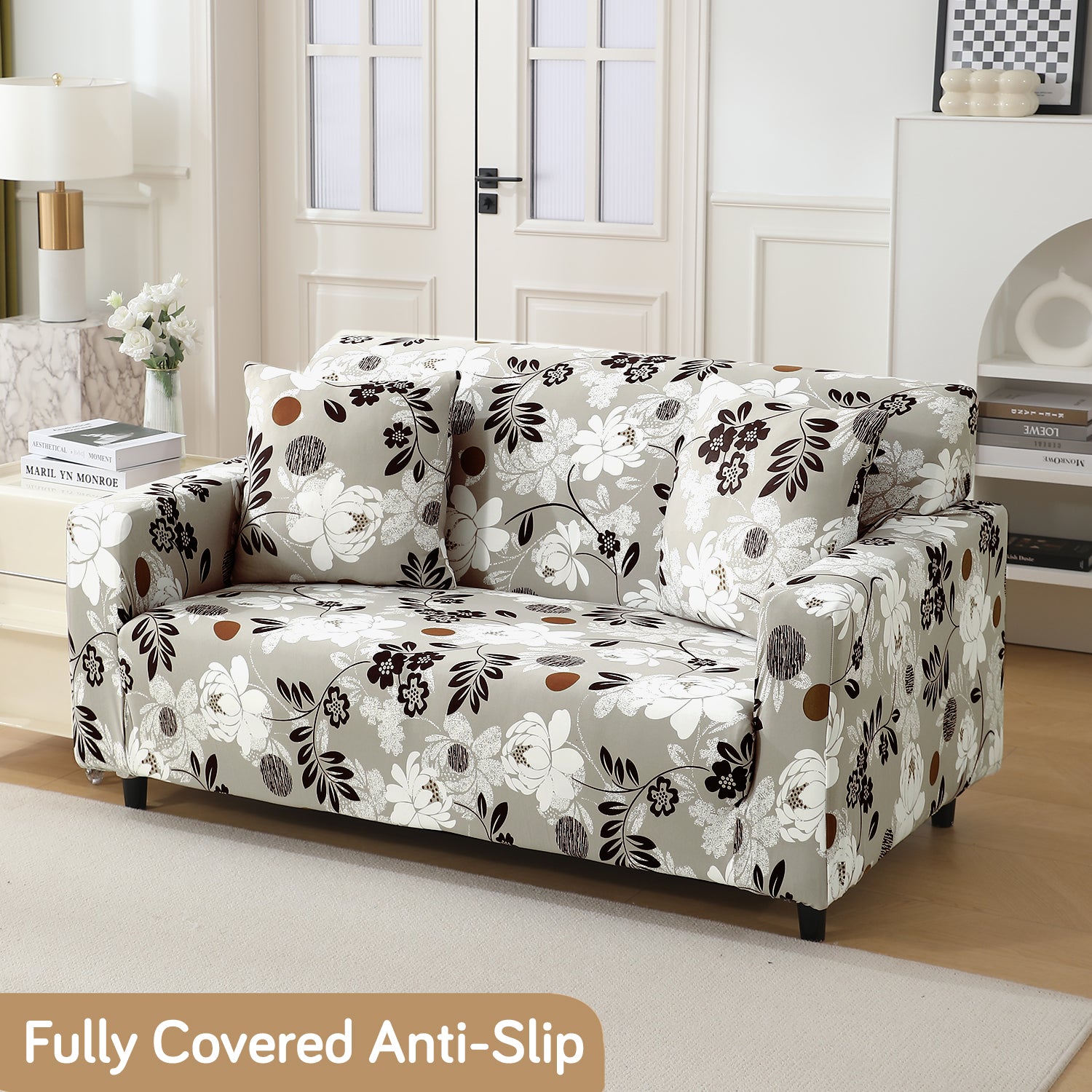 Feather Brown Floral Colour non slip elastic 2 seater sofa cover