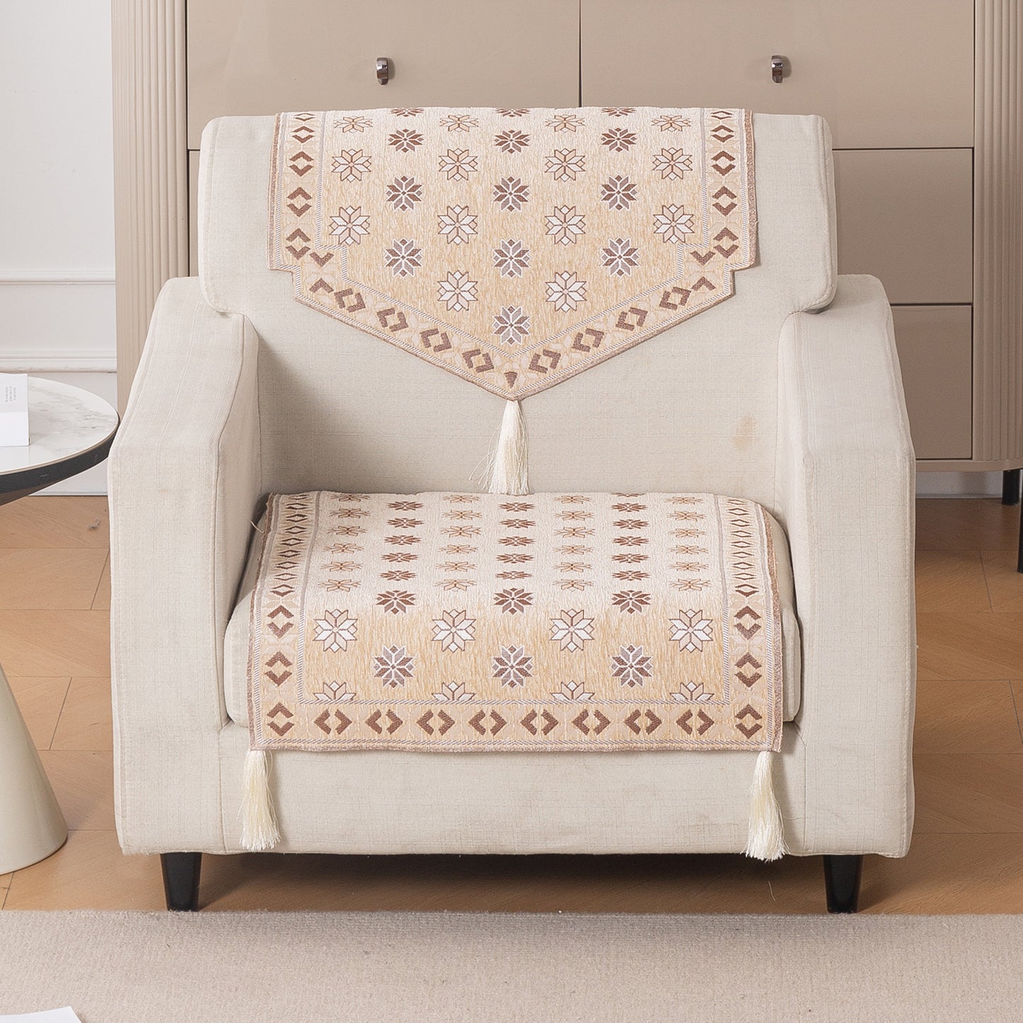 Heritage Weave Premium Jacquard Sofa Cover Set with Tassels - Sandy Beige