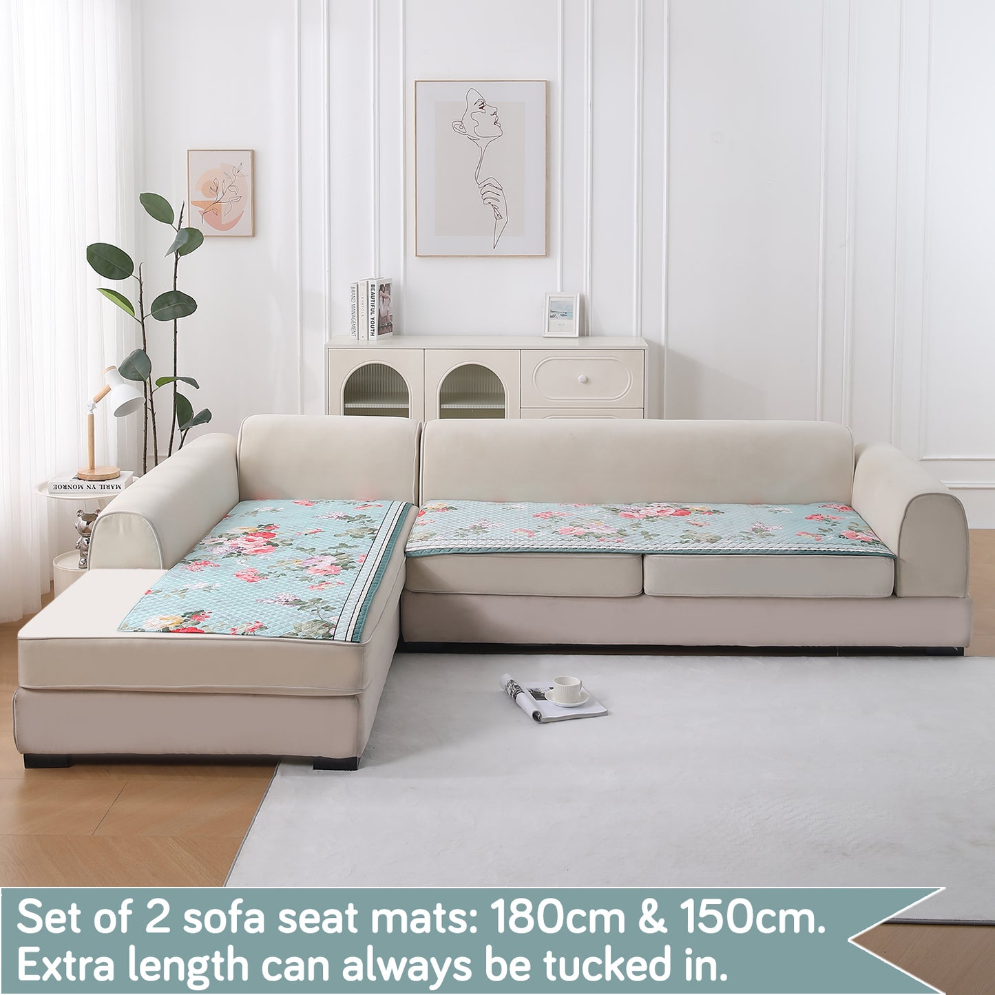 LiefNest Printed Holland Velvet L Shape Sofa Seat Mat with Foam Filling - Fresh Floral Pastel Blue