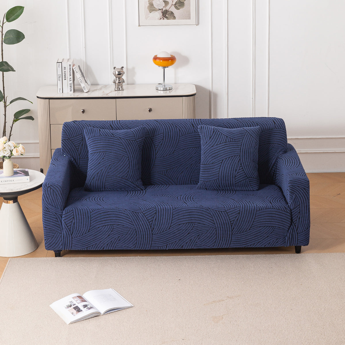 Buy royal blue colour waveline series jacquard stretchable 3 seater sofa cover​