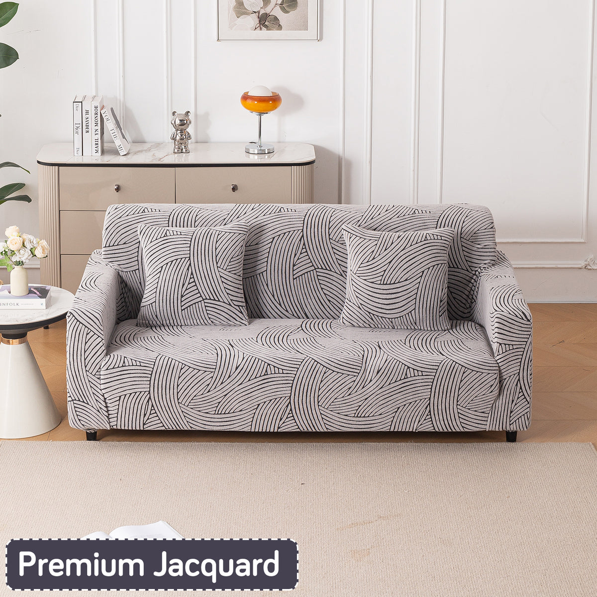 Buy classic white colour waveline series jacquard 3 seater sofa cover​