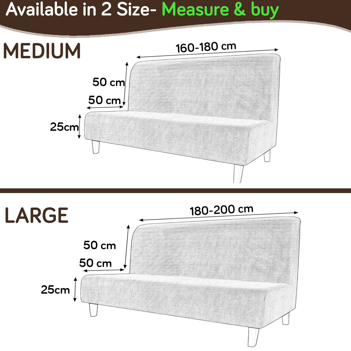 SereneSolids Stretchable Elastic Armless Sofa Cover – 140 GSM, Futon Slipcover, Easy Fit, Brown
