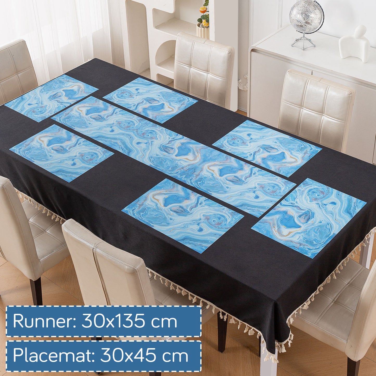 Marble Fusion PVC Mats for Dining Table, Aqua Swirl - Ocean Blue