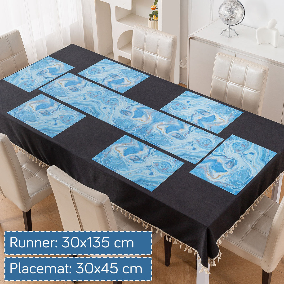 Marble Fusion PVC Mats for Dining Table, Aqua Swirl - Ocean Blue