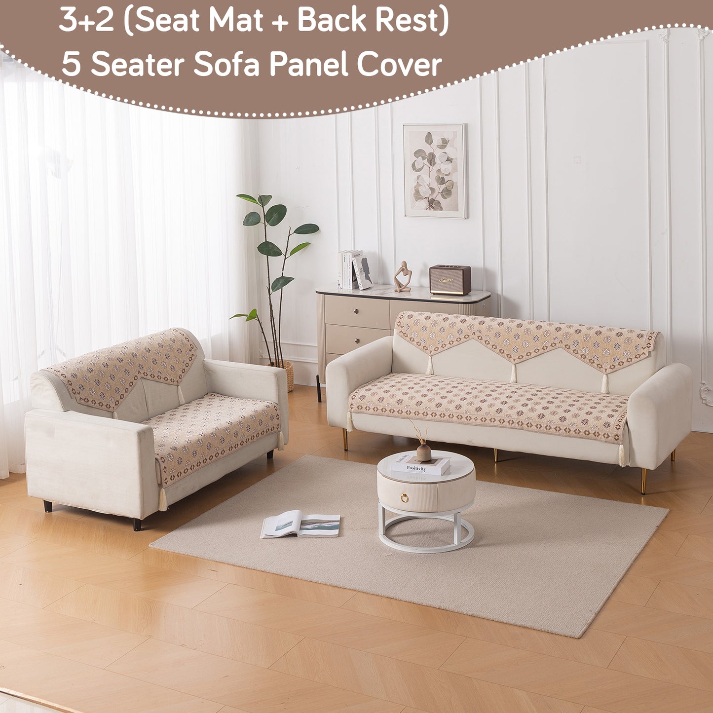 Heritage Weave Premium Jacquard Sofa Cover Set with Tassels - Sandy Beige