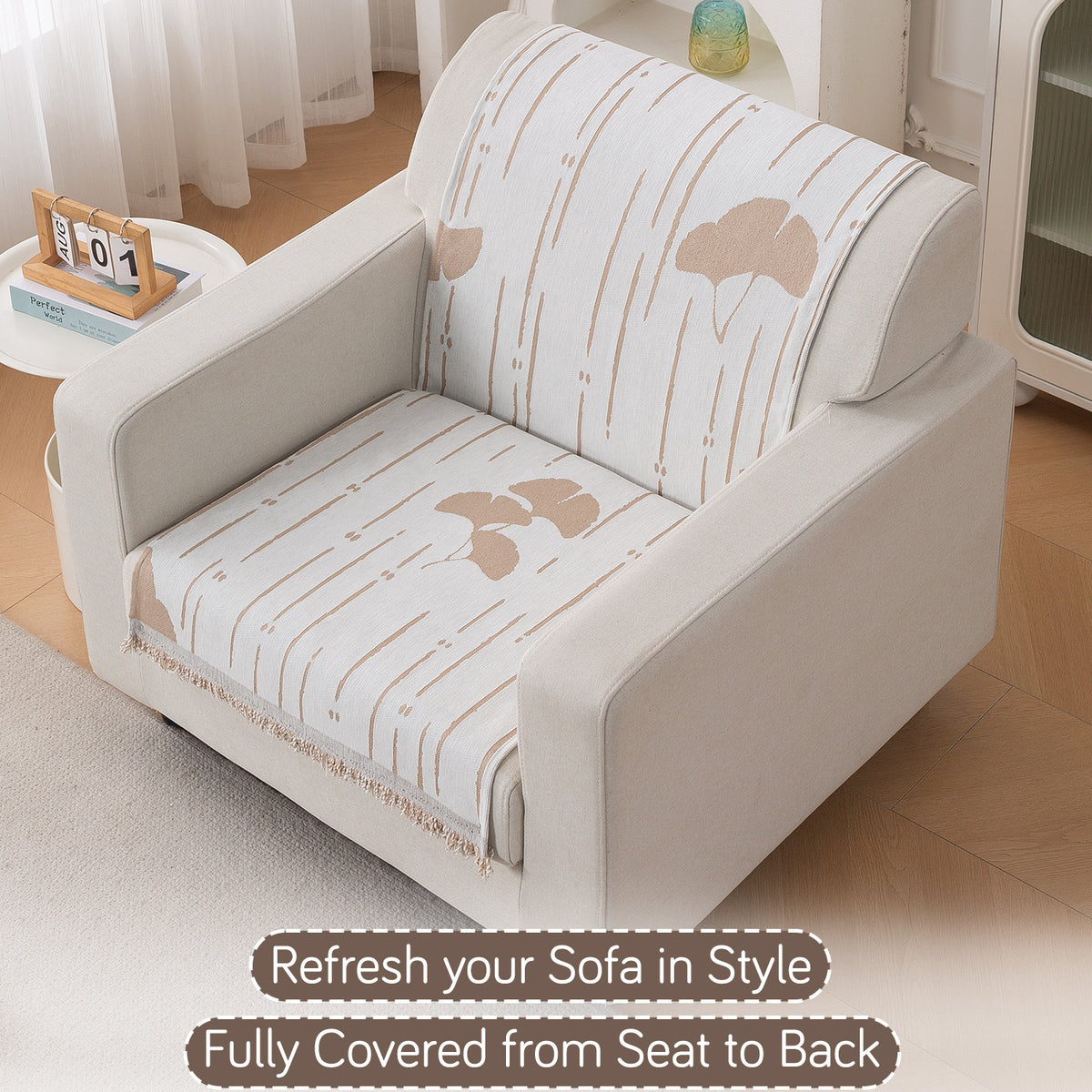 Premium 320 GSM Chenille Sofa Cover 'Serene Abode Series', Beige Ginkgo Lines