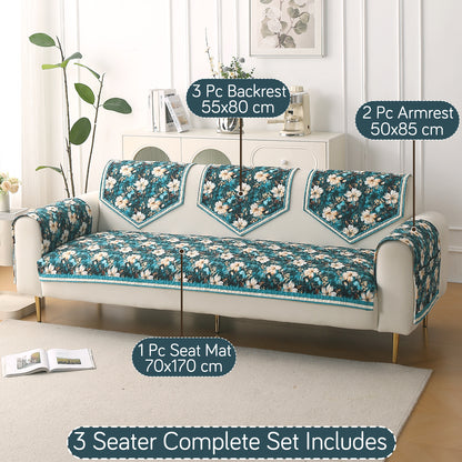 Florentina Series Printed Holland Velvet Sofa Mat - Pansies Teal