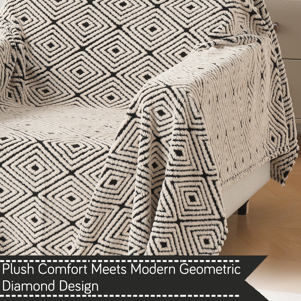 'Noirea Series' Plush Sofa Cover Throw for Complete Sofa, Geometric Diamond