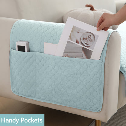 Quilted Sofa Cover Set with Seat Mat and Armrest Covers with Pockets, Light Sky Blue