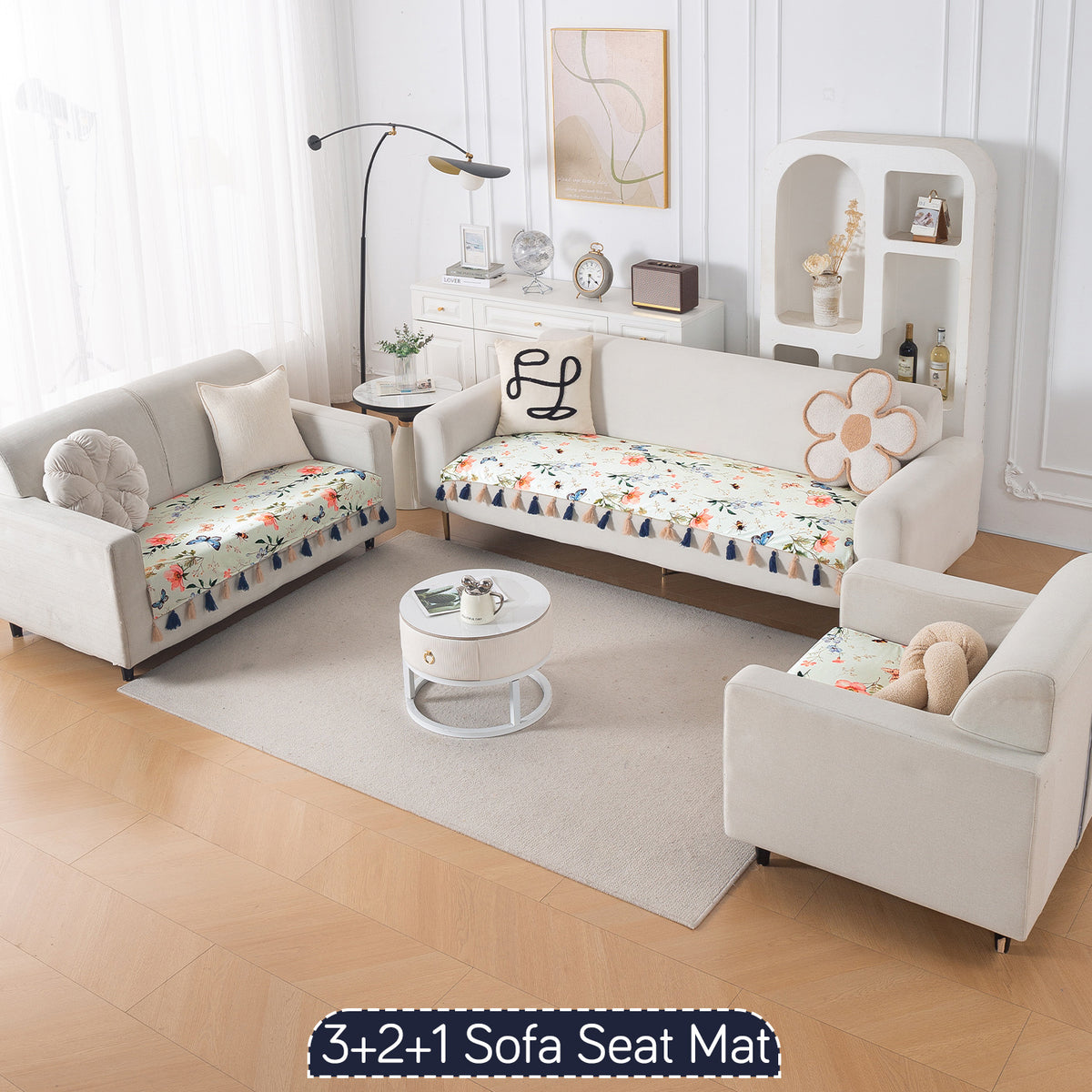 'Whispers of Nature' Series Holland Velvet Sofa Seat Mat with Tassel, Pastel Butterfly Meadow